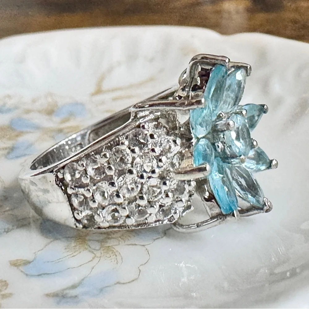 Aquamarine & White Topaz Platinum\Sterling Silver Ring (5.5)
